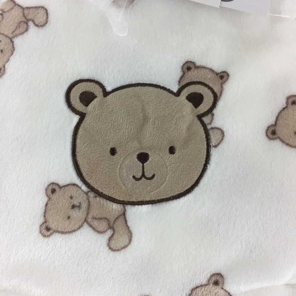 Baby Gear Blanket White Teddy Bear Plush Fleece Embroidered 30x40 Inches